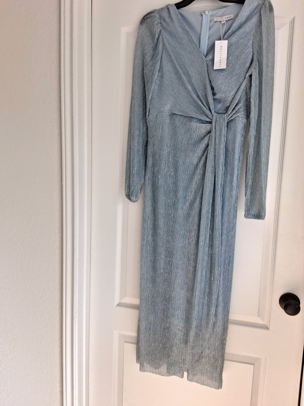 Baltic Born Light Blue Pleated Twist-Front Long-Sleeve Midi Dress